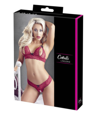 Soutien-gorge, bonnets ouverts, en dentelle rouge et string assorti 